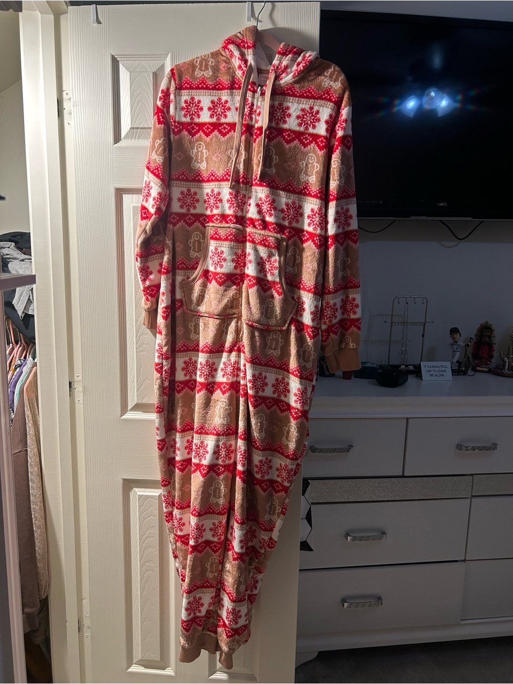 Kids Red & Tan Holiday Hooded Pajama Onesie